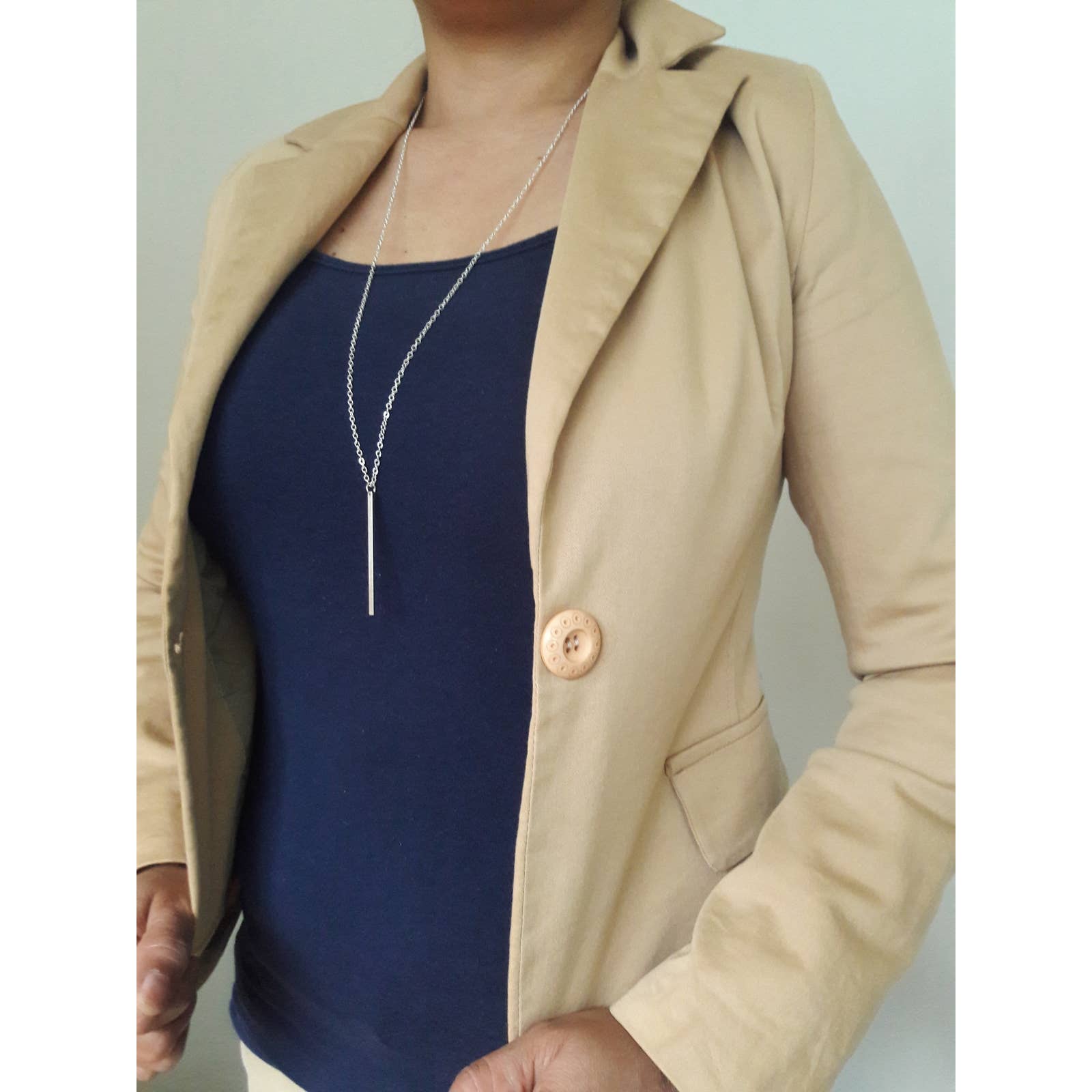 Silver Long Chain Lariat Bar Necklace